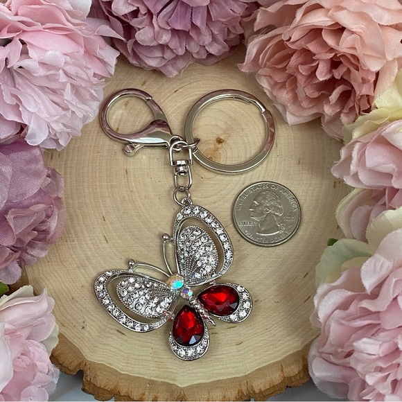 Silver and Ruby Red Crystal Butterfly Keychain Charm - Picture 14 of 16